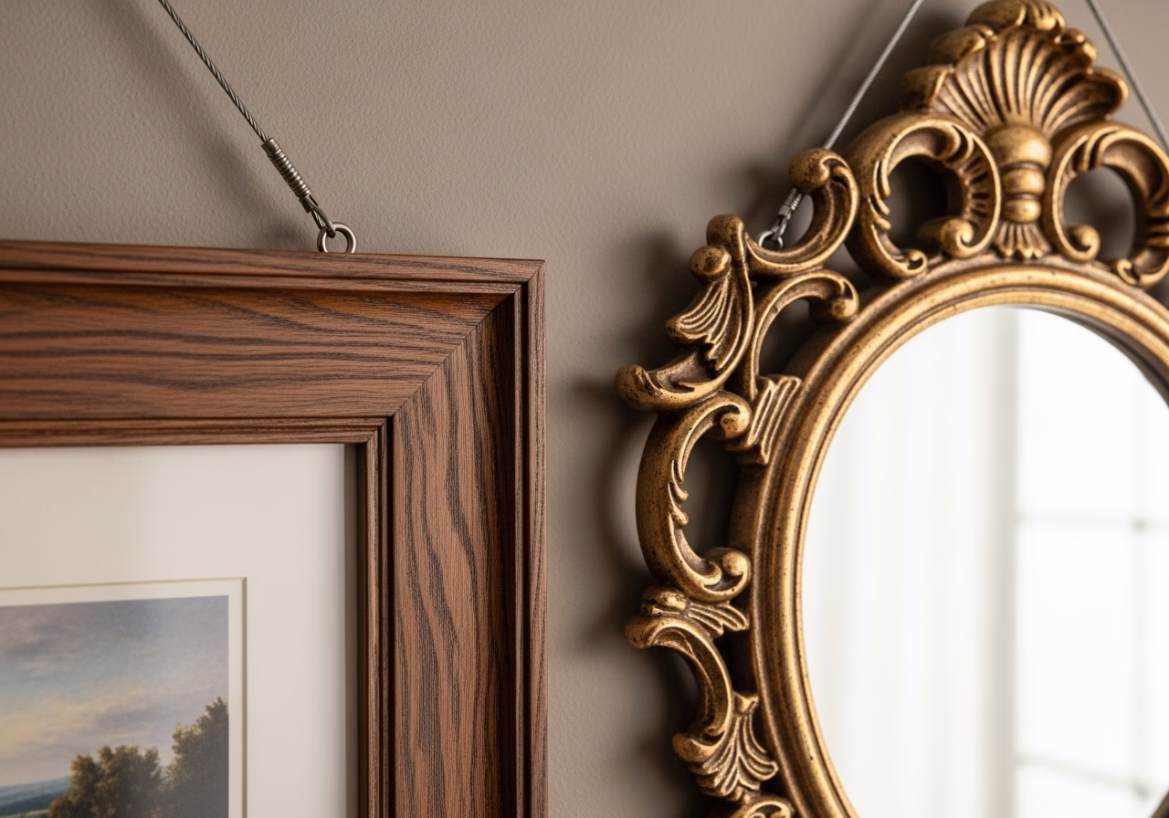 Close-up detail of professionally completed picture & mirror hanging showing craftsmanship and finish quality