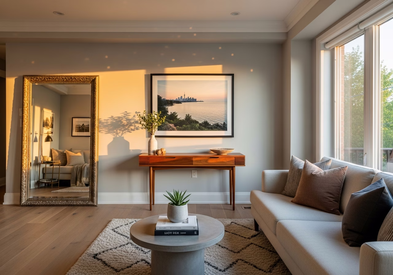 Finished picture & mirror hanging result in a Toronto/GTA home, photographed in natural light