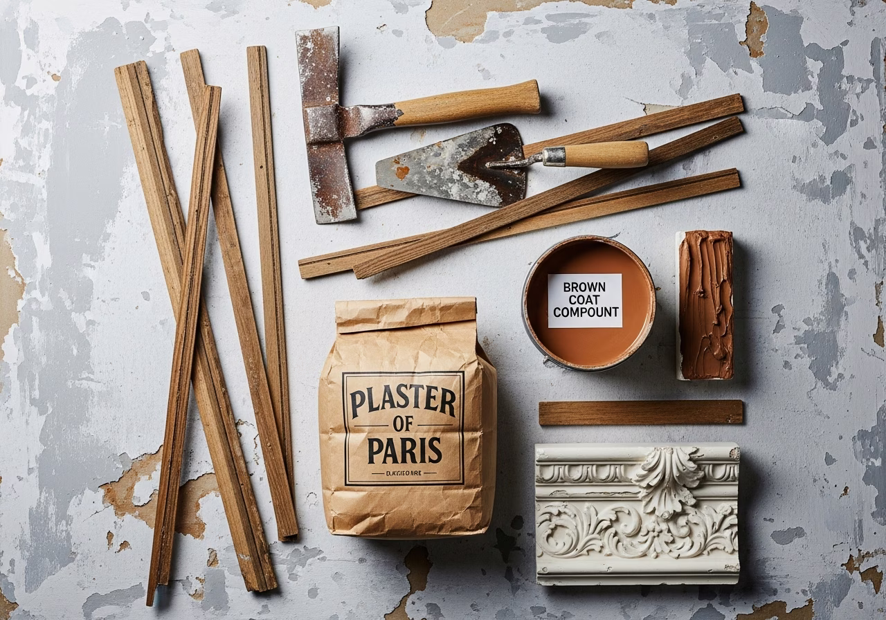 Plaster repair traditional materials — Plaster of Paris, wood lath strips, hawk and trowel