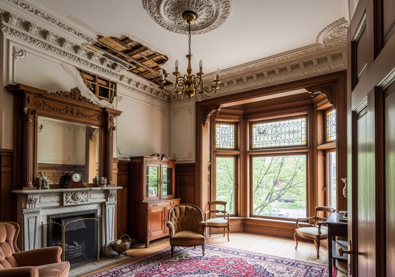 Damaged plaster section near crown molding in Toronto Cabbagetown Edwardian parlor