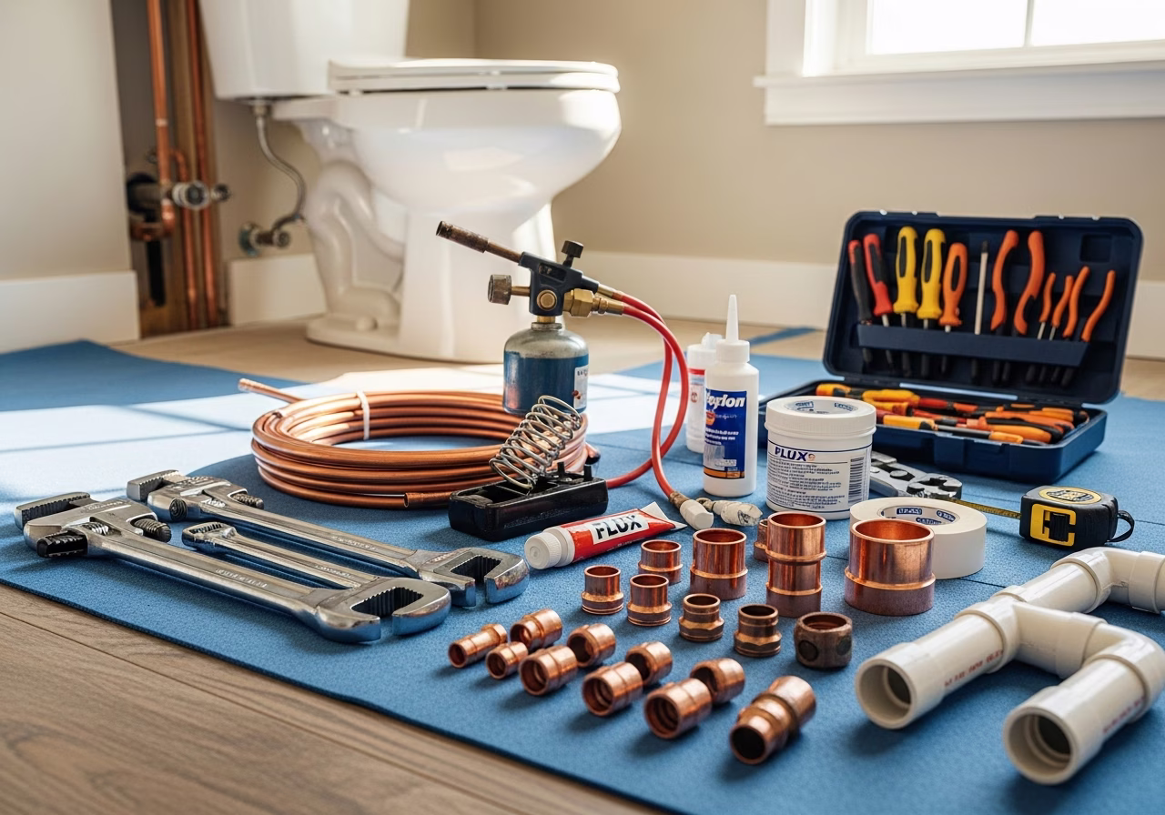 Tools and materials staged for plumbing services in Markham