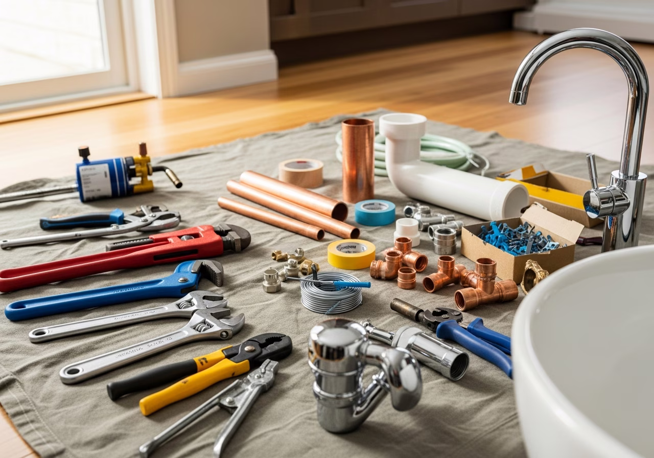 Tools and materials staged for plumbing services in Mississauga