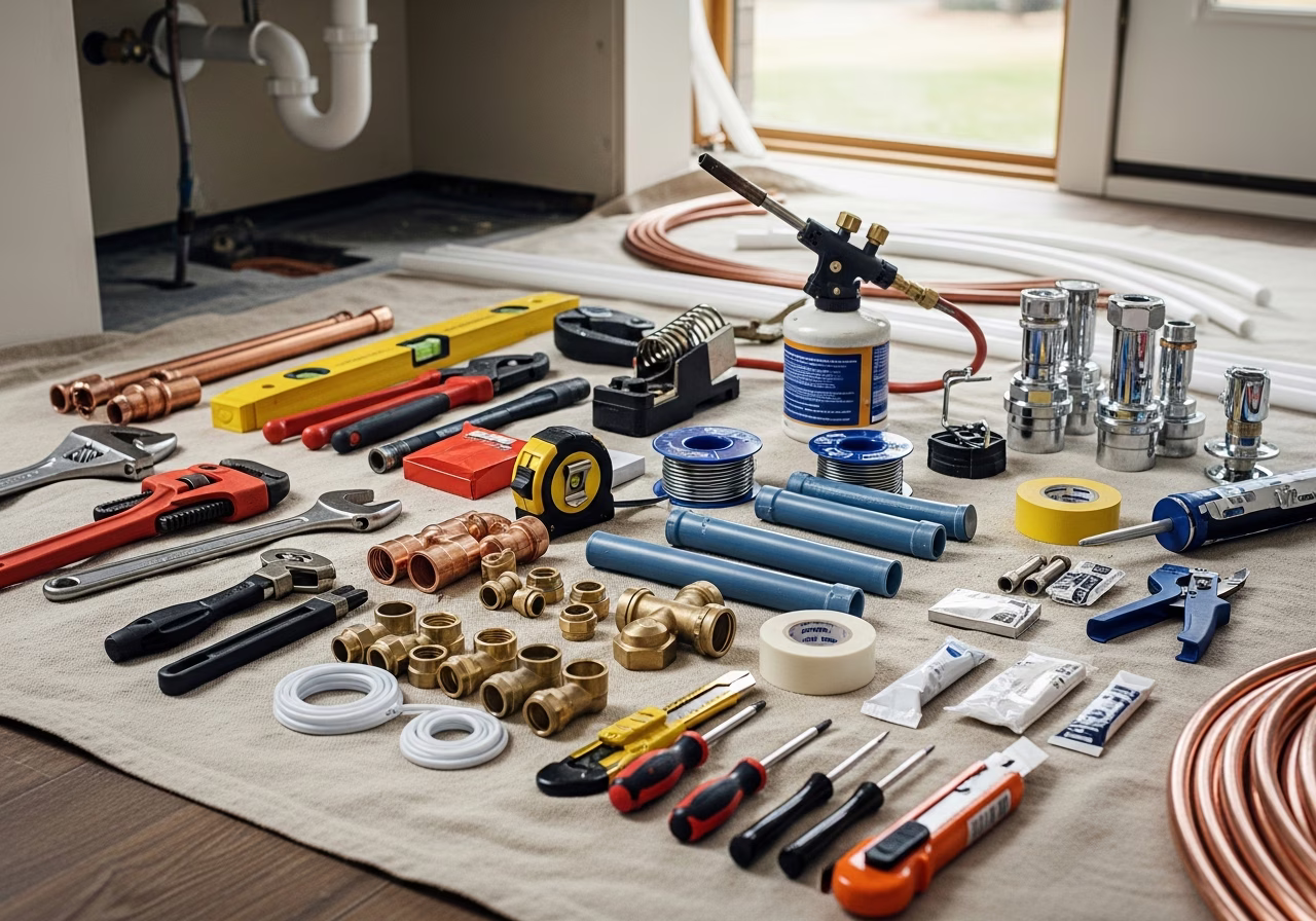 Tools and materials staged for plumbing services in Oakville