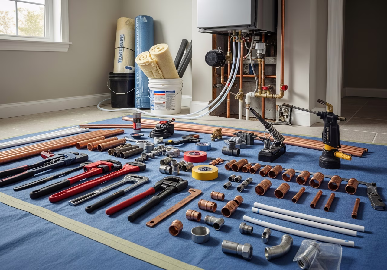 Tools and materials staged for plumbing services in Toronto