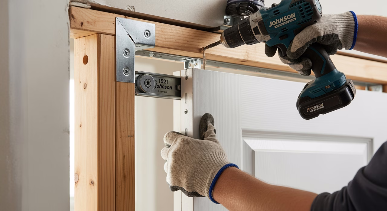 Toronto pocket-door-installer fastening Johnson Hardware 1500 pocket-door split-stud frame kit to rough opening of 36-inch interior bedroom doorway, prehung pocket-door slab in split-stud cavity riding on Johnson 1521 ball-bearing trolley-and-track