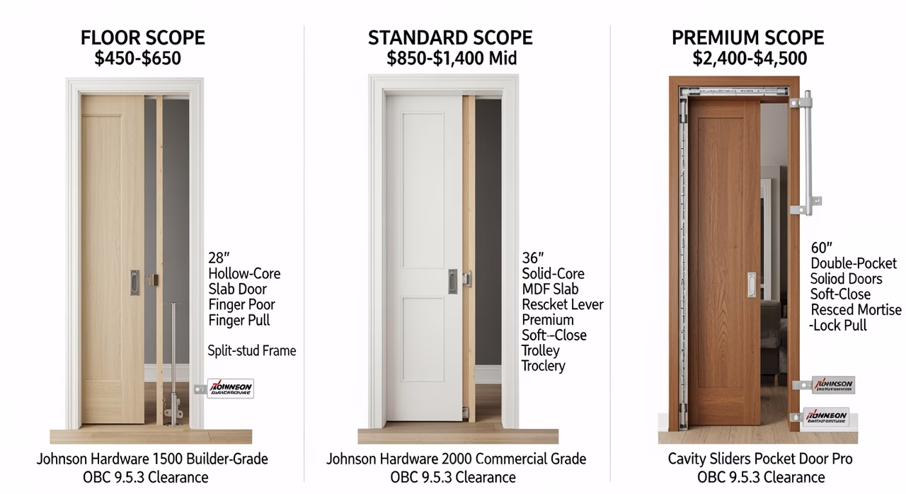 Three Toronto pocket-door tiers compared: floor Johnson Hardware 1500 builder-grade kit 28-32 inch hollow-core split-stud basic finger-pull at $450-$650, standard Johnson Hardware 2000 commercial-grade 36-inch solid-core MDF or solid-wood soft-close trolley recessed lever-handle at $850-$1,400, premium Cavity Sliders Pocket Door Pro double-pocket French-pair soft-close custom solid-wood mortise-lock pull at $2,400-$4,500
