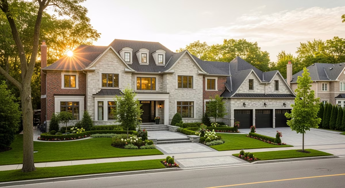 Toronto Oakville 2010s detached luxury home with manicured landscaping on prestigious street at golden hour where premium Cavity Sliders double-pocket French pocket-doors leading from formal dining to family-room commonly run $2,400-$4,500