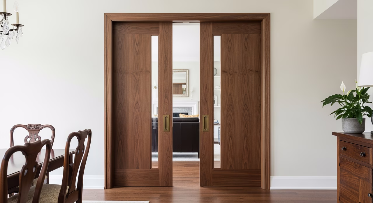 Completed Toronto luxury formal-dining-to-family-room transition with newly-installed Cavity Sliders Pocket Door Pro French-pair pocket doors in custom solid-wood walnut slab, recessed mortise-lock pulls in oil-rubbed bronze, soft-close fully recessed when open showing seamless wall opening