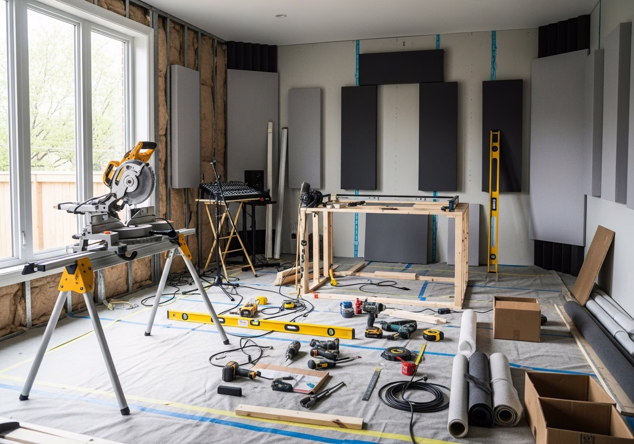 Podcast & Recording Studio Buildout in progress: tools, materials, and protective floor covering staged for a Toronto home re