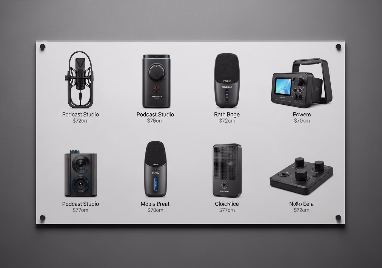 Side-by-side product and material comparison for podcast & recording studio buildout — typical brands and finishes used in To