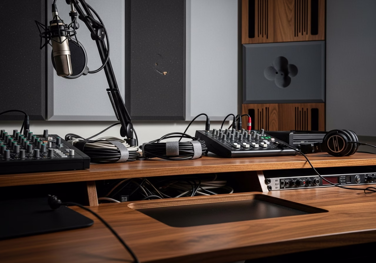 Close-up detail of professionally completed podcast & recording studio buildout showing craftsmanship and finish quality