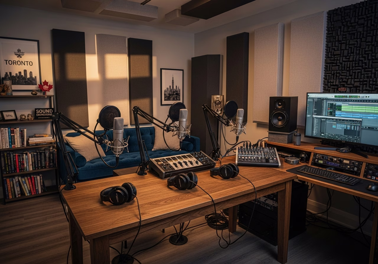 Finished podcast & recording studio buildout result in a Toronto/GTA home, photographed in natural light