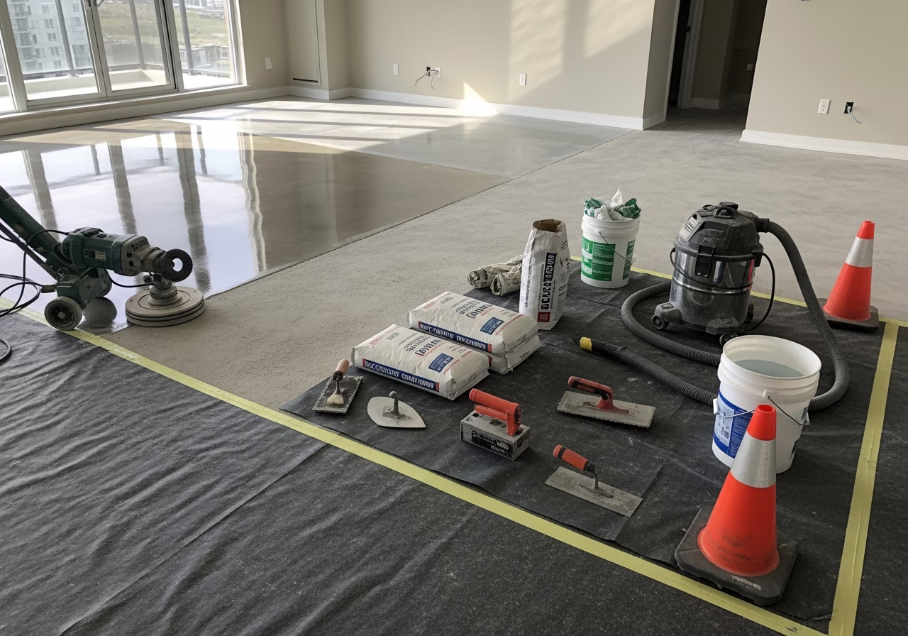Polished Concrete Floor in progress: tools, materials, and protective floor covering staged for a Toronto flooring installati