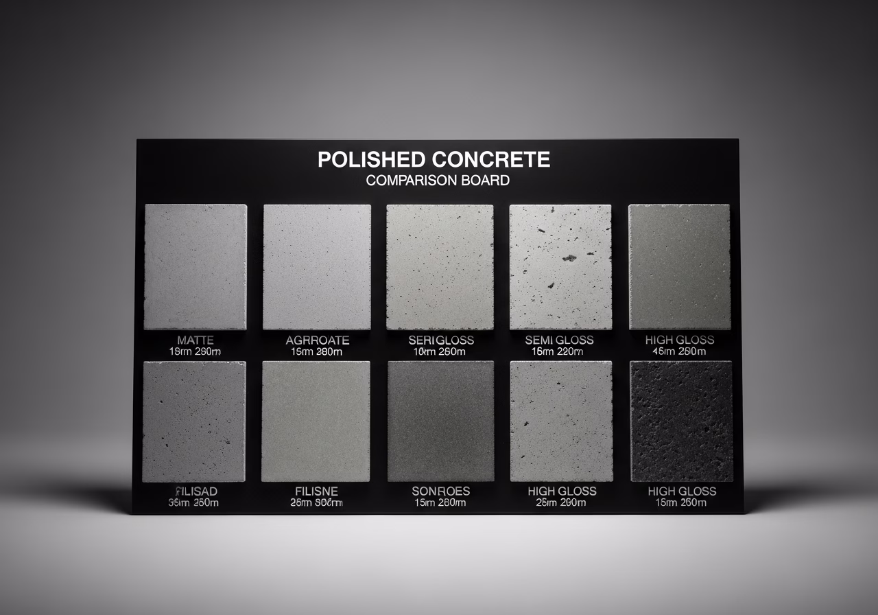 Side-by-side product and material comparison for polished concrete floor — typical brands and finishes used in Toronto floori