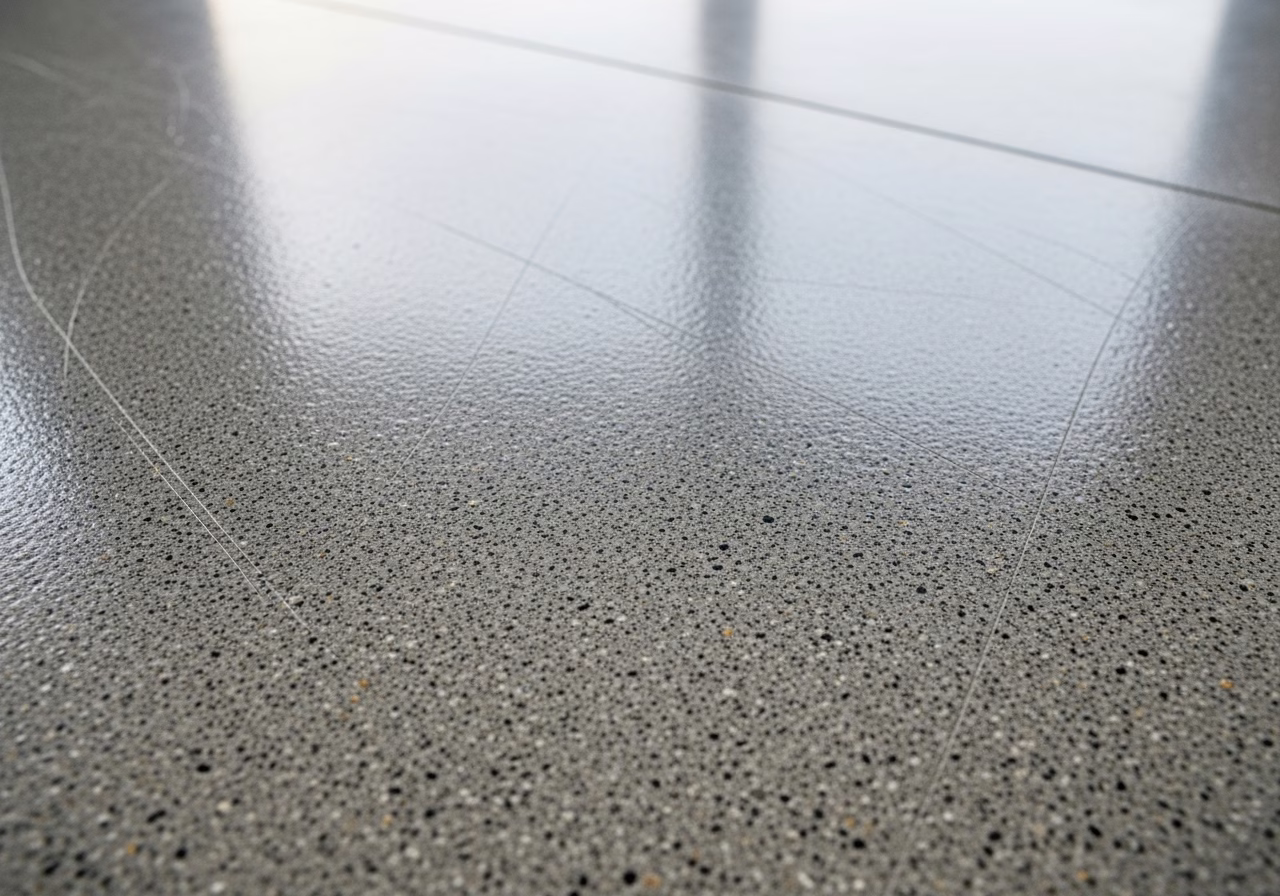 Close-up detail of professionally completed polished concrete floor showing craftsmanship and finish quality