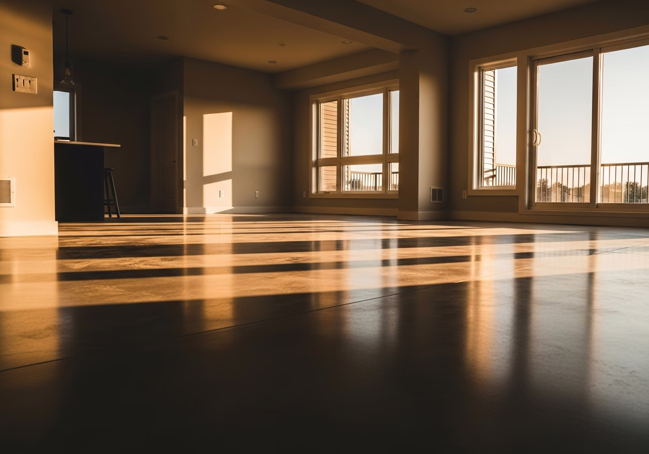Finished polished concrete floor result in a Toronto/GTA home, photographed in natural light