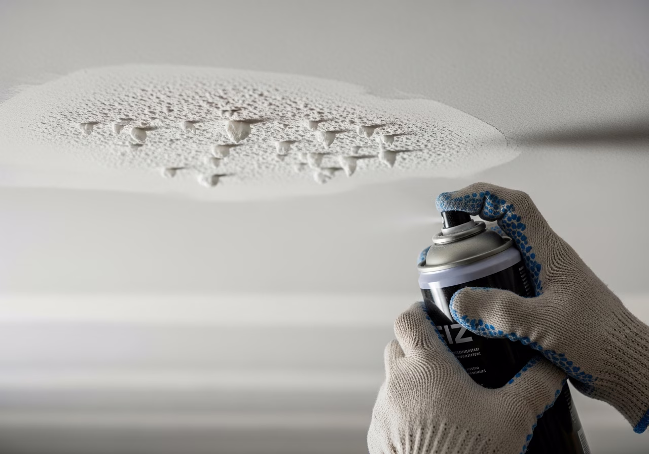 Spraying acoustic texture onto smooth patch to match surrounding popcorn ceiling — RenoHouse