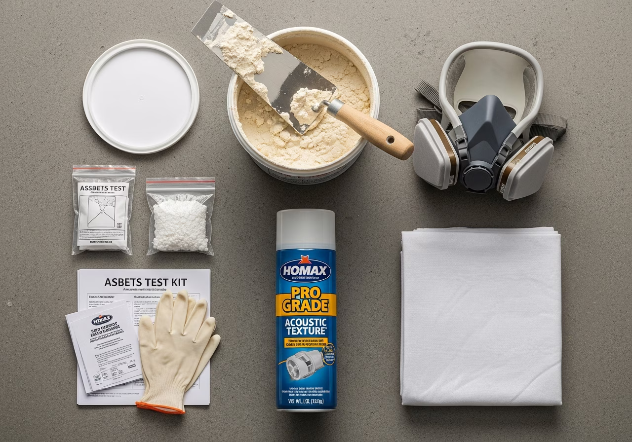 Popcorn ceiling repair kit — Homax acoustic spray, asbestos test kit, joint compound, mask