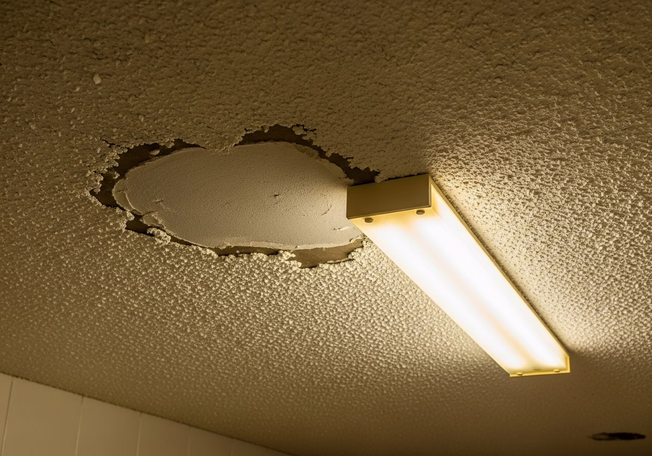 Bare patch missing popcorn texture on 1970s North York bungalow basement ceiling