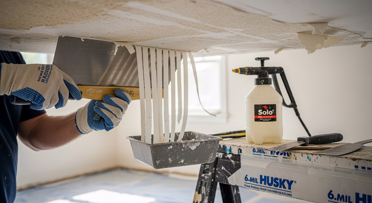 Toronto popcorn-ceiling specialist operating 24-inch wallpaper scraper at low 15-20 degree angle across water-soaked acoustic-spray textured ceiling in 1970s GTA detached, popcorn debris peeling cleanly off original drywall paper face, pump garden-sprayer (Solo, Chapin) on sawhorse, 6-mil Husky poly floor protection taped to baseboards