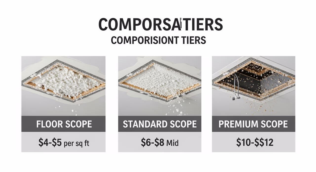 Three Toronto popcorn-ceiling-removal scope tiers compared: floor scope (post-1990 confirmed-negative test, dry-scrape or water-spray-and-scrape, light skim) at $4-$5/sq ft, standard scope (Level 4 full skim glass-smooth, Zinsser BIN stain-block, 2-coat BM Waterborne Ceiling) at $6-$8 mid, premium scope (pre-1980 with Type 2 abatement: 6-mil poly containment, HEPA negative-pressure 4 ACH, wet methods, sealed disposal, air clearance testing) at $10-$12