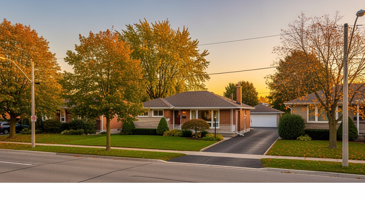 Toronto Etobicoke 1960s ranch bungalow with mature maple trees on quiet suburban street at golden hour where pre-1980 popcorn / stipple / acoustic-spray textured ceilings have HIGH-probability chrysotile asbestos positive at 5-15 percent and Ontario Reg 278/05 Designated Substance Survey is MANDATORY before scrape, spray, or high-pressure water-spray removal