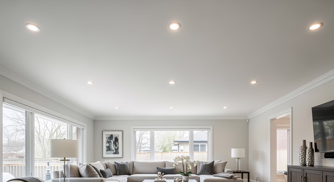 Completed Toronto family great-room with freshly-removed popcorn texture skim-coated smooth to Level 4 finish, painted Benjamin Moore Chantilly Lace flat ceiling-white, recessed LED pot lights newly installed, dramatic before-after of removing 1970s acoustic-spray popcorn