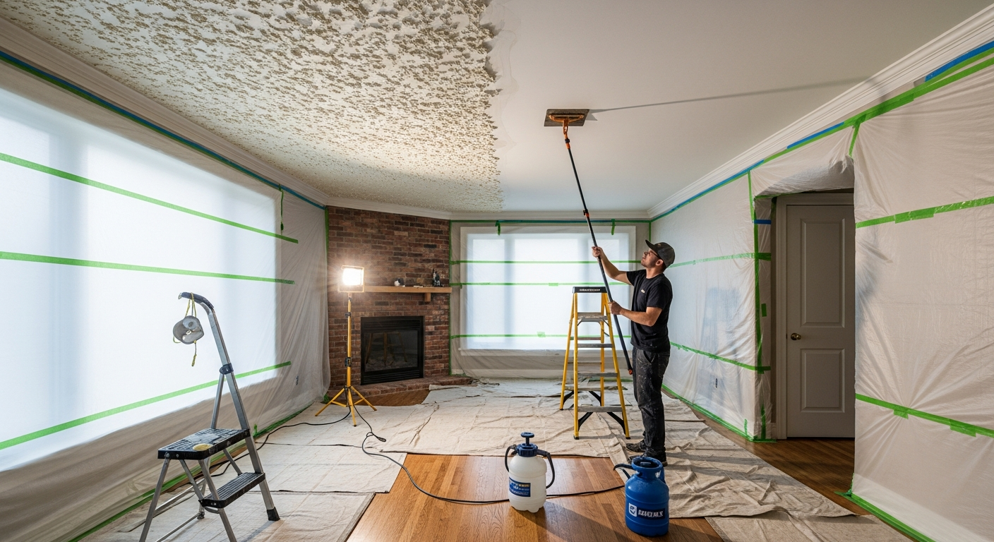 Close-up of professional popcorn ceiling removal work delivered in Ajax