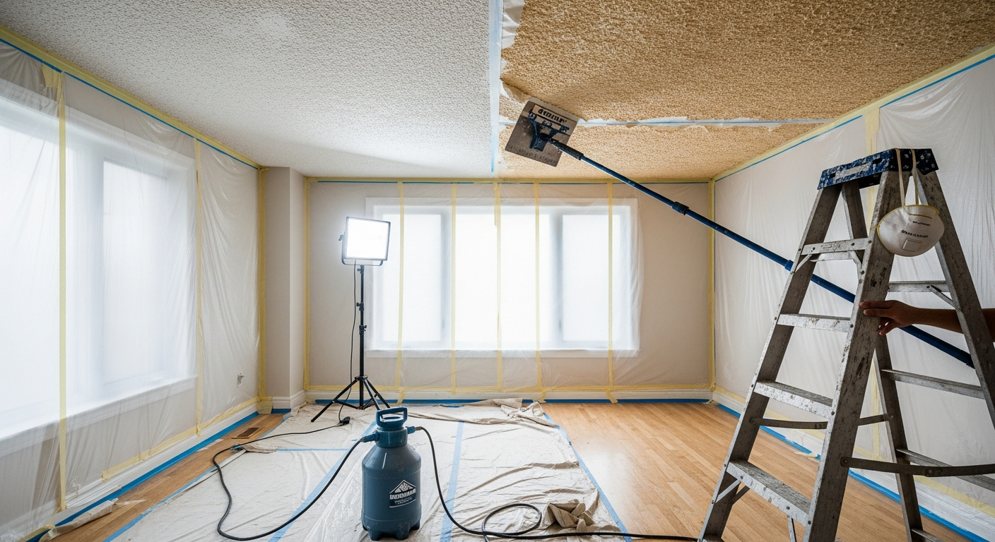Professional popcorn ceiling removal project completed by RenoHouse in Brampton — quality workmanship guaranteed