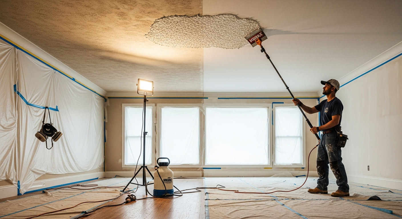 On-site popcorn ceiling removal install detail at a Burlington property