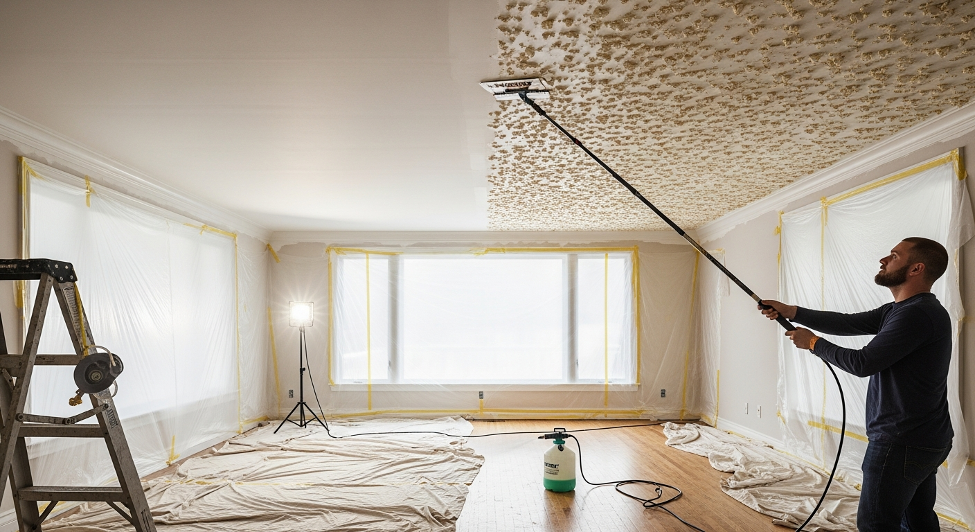 Clarington popcorn ceiling removal portfolio sample — finished by licensed RenoHouse crew
