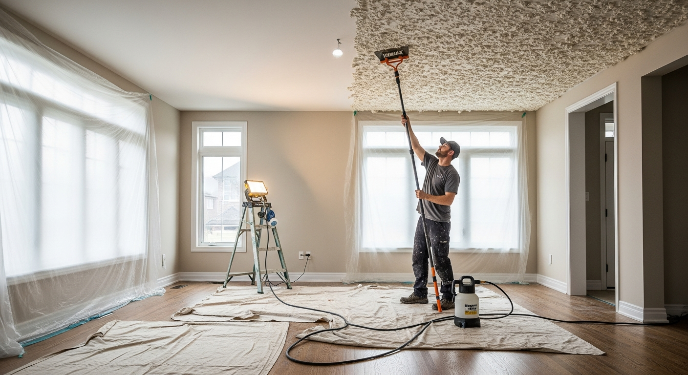 Popcorn Ceiling Removal portfolio close-up from a East Gwillimbury renovation by RenoHouse