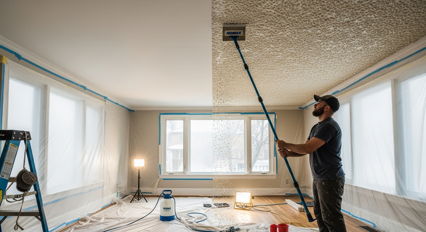 Detail view of a popcorn ceiling removal job finished in Georgina — expert craftsmanship