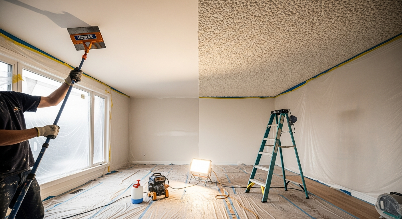 Close-up of professional popcorn ceiling removal work delivered in King City