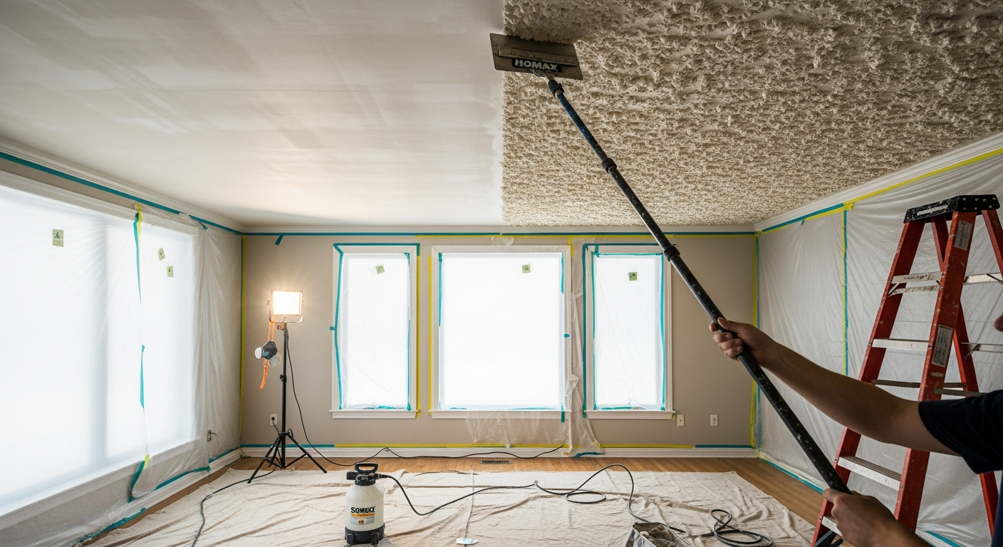 Close-up of professional popcorn ceiling removal work delivered in Newmarket