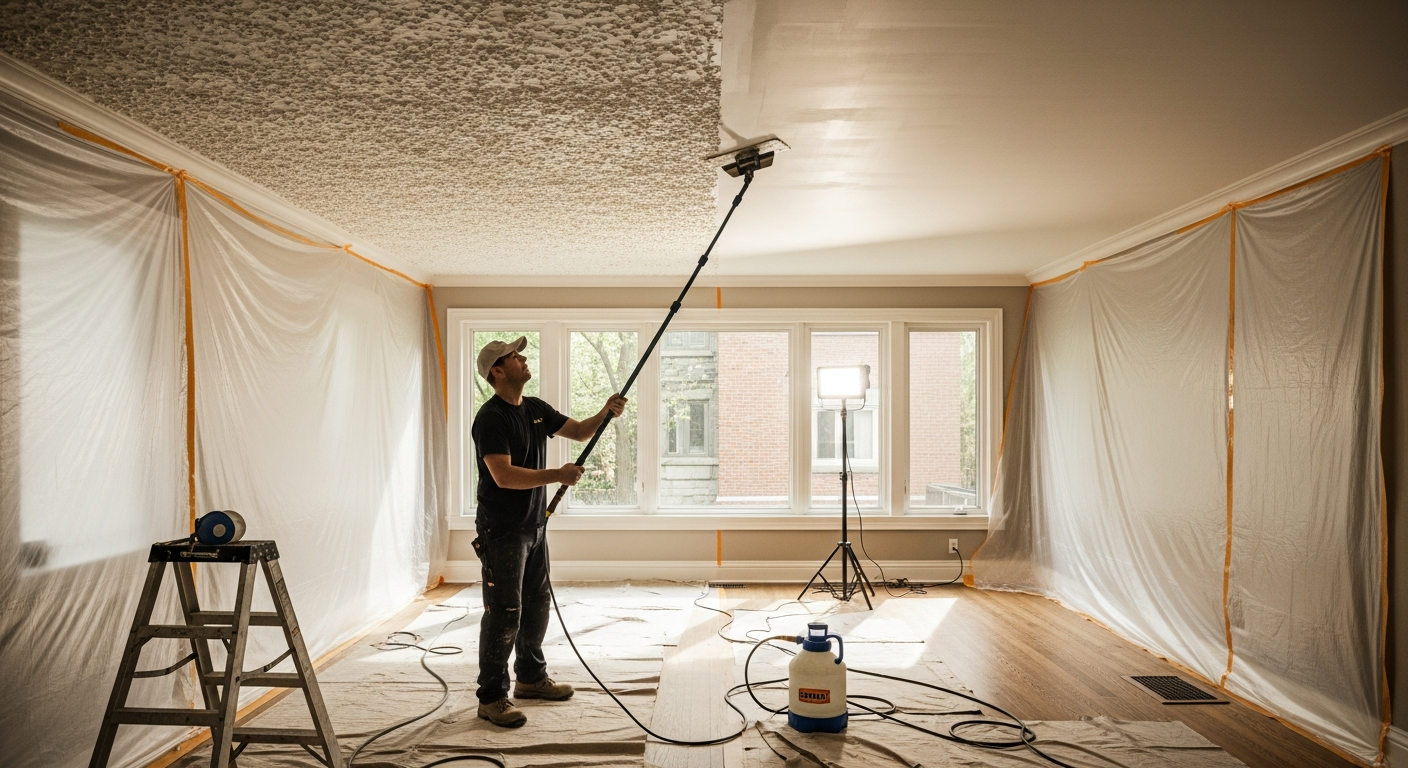 Detail view of a popcorn ceiling removal job finished in North York — expert craftsmanship