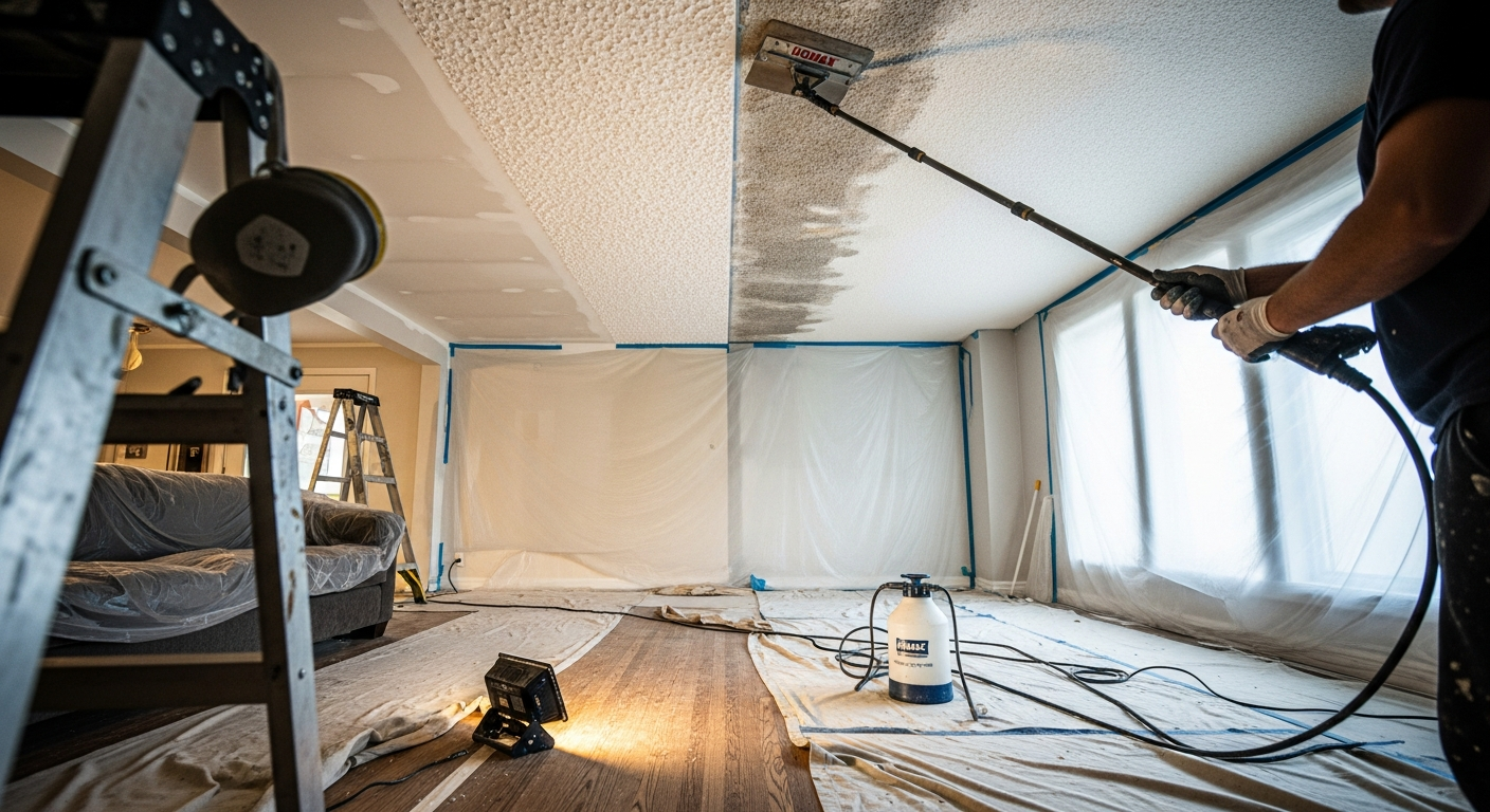 Oshawa popcorn ceiling removal portfolio sample — finished by licensed RenoHouse crew