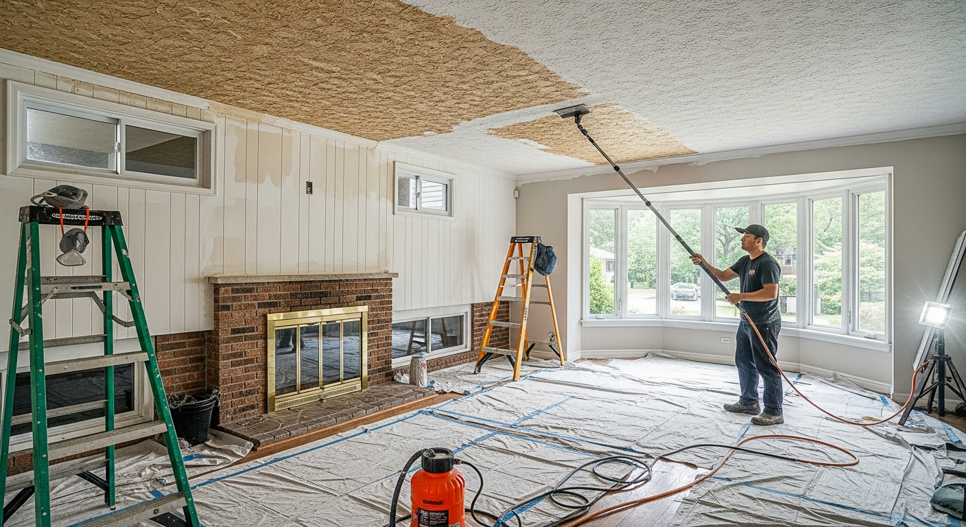 Completed popcorn ceiling removal work showcasing finishing details in Pickering