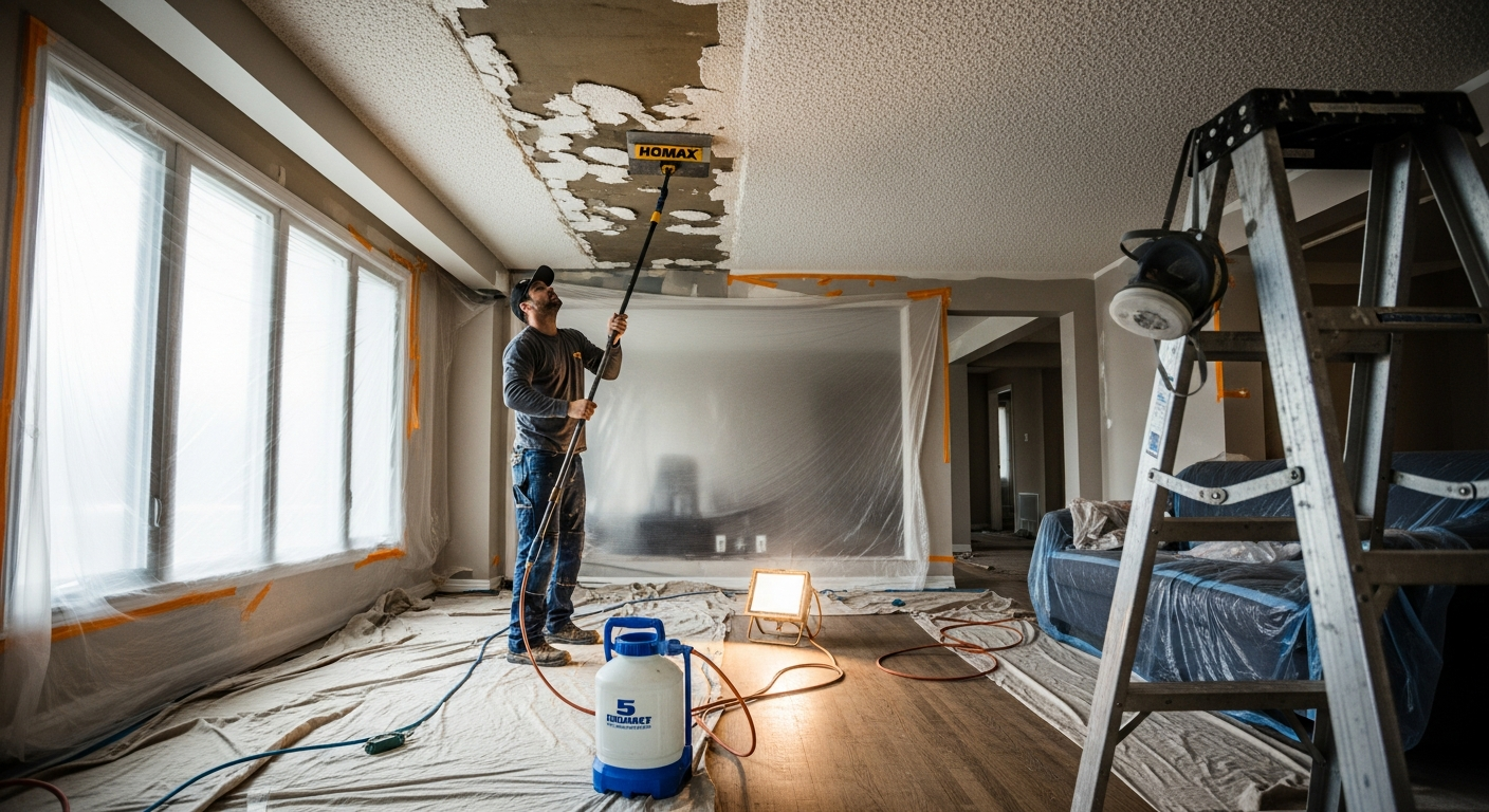 On-site popcorn ceiling removal install detail at a Scugog property