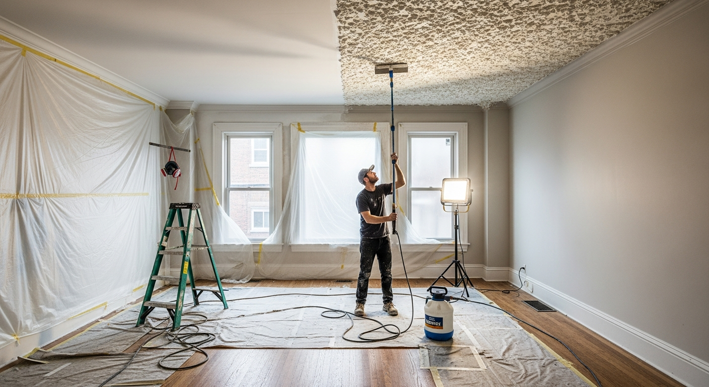 Final result of a popcorn ceiling removal project at a Toronto residence