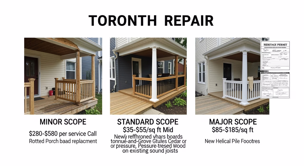 Three Toronto porch-repair tiers compared: minor scope single column-base repair plus 4-8 deck board replacement at $580-$1,200, standard 1-2 column replacement plus 30-50% deck board replacement plus railing partial rebuild at $1,400-$3,800, heritage restoration full porch rebuild with replicated original yellow-pine column profile and matched ceiling boards at $8,800-$18,000+