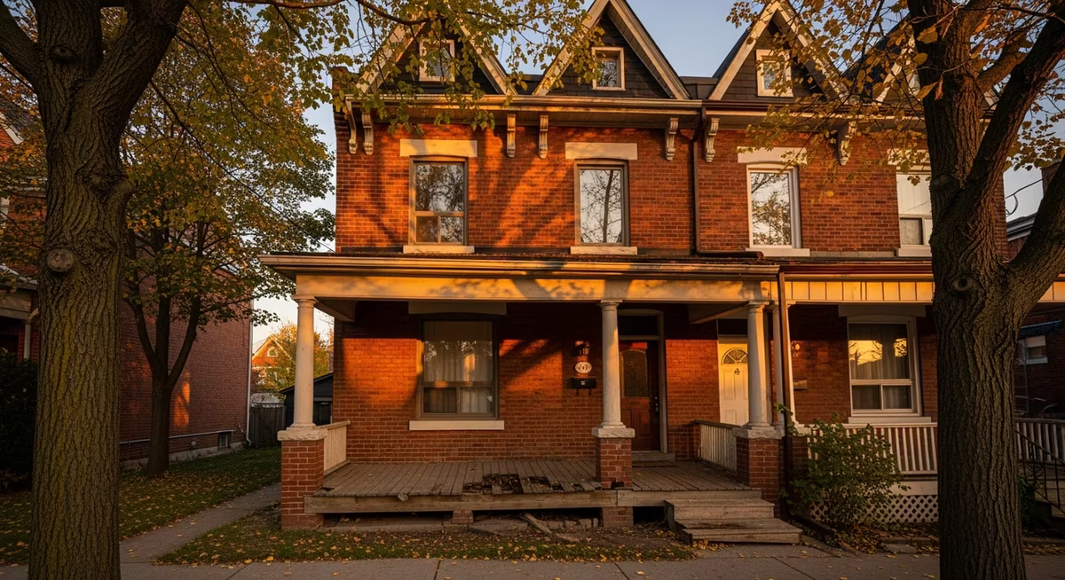 Toronto Cabbagetown 1890s Victorian semi-detached with original yellow-pine porch and ornate balustrade on heritage HCD street at golden hour where heritage restoration scope with Toronto Heritage Permit and matched-profile custom millwork commonly runs $8,800-$18,000 with 4-6 week permit lead time
