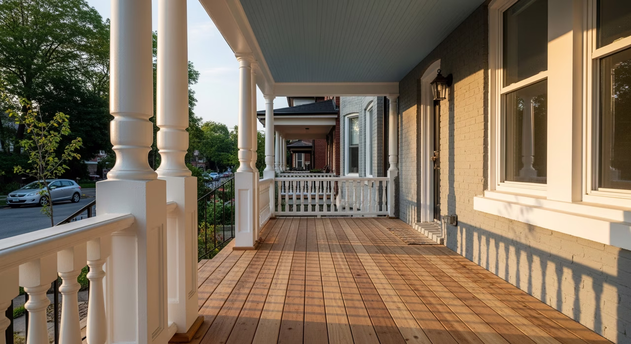 Completed Toronto Cabbagetown front porch after heritage restoration showing newly-installed yellow-pine column matching original turned-profile, ornate balustrade with custom-milled spindles, tongue-and-groove ceiling boards in heritage porch-blue, Benjamin Moore Historic Collection paint finish