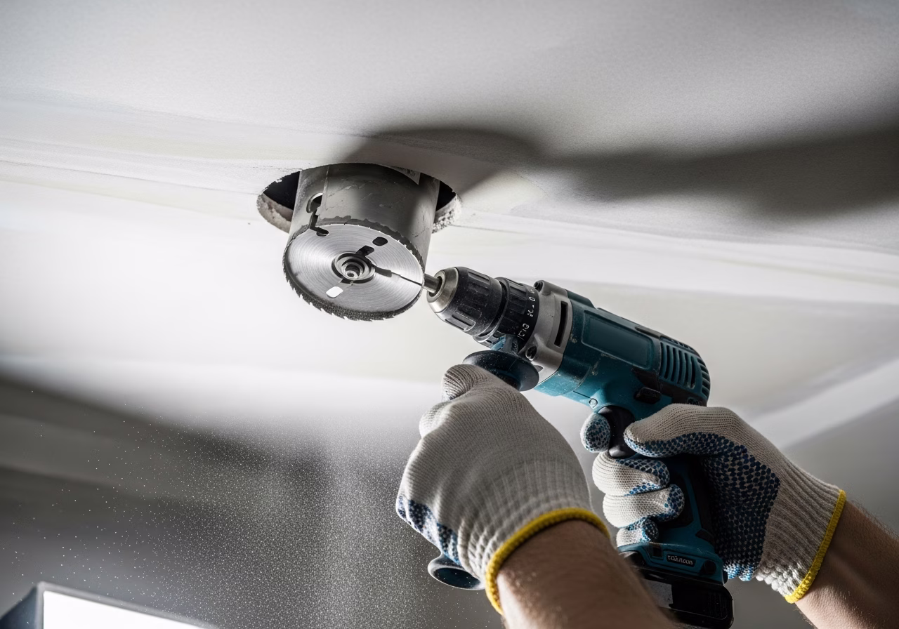 Cutting drywall ceiling hole with hole saw for recessed LED pot light install