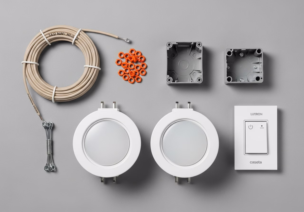 Pot light install kit — 6-inch LED retrofits, NM-B cable, Lutron Caseta dimmer