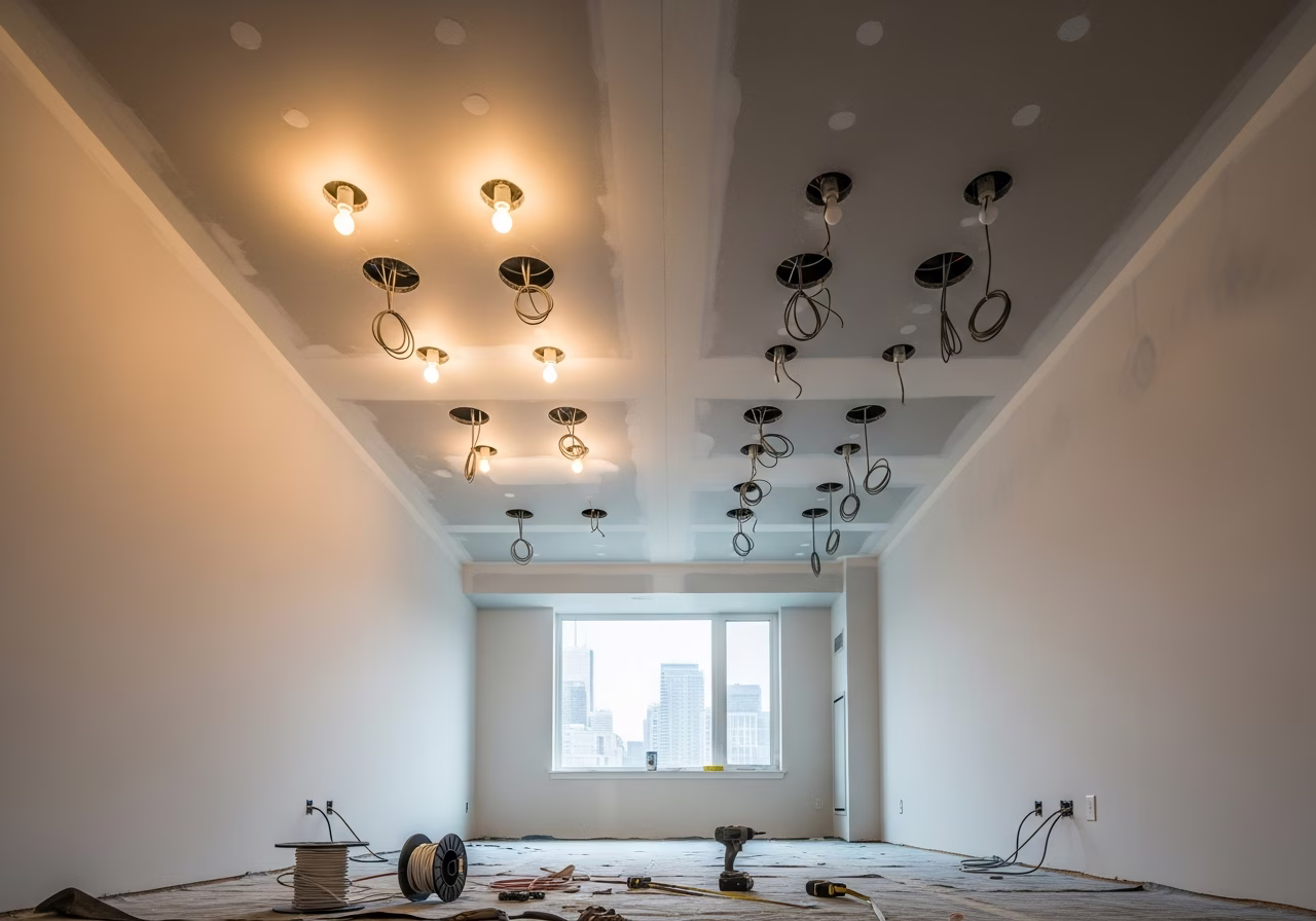 Toronto living room pot light install — half-mounted with cables hanging