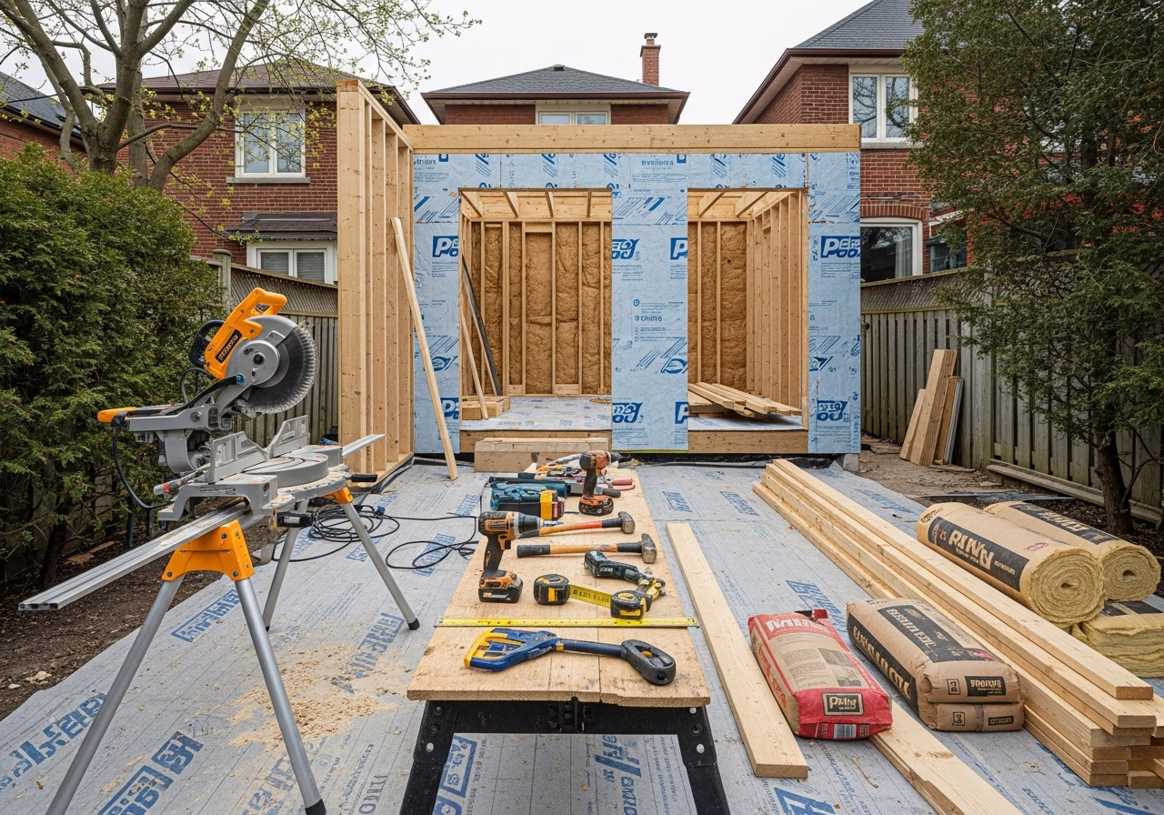 Garden Suite Construction tools and materials staged in Toronto home