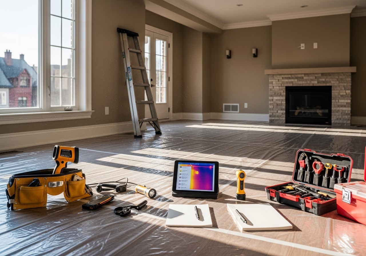 Pre-Listing Seller Inspection in progress: tools, materials, and protective floor covering staged for a Toronto home inspecti