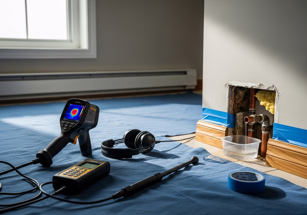 Hidden Water Leak Detection tools and materials staged in Toronto home