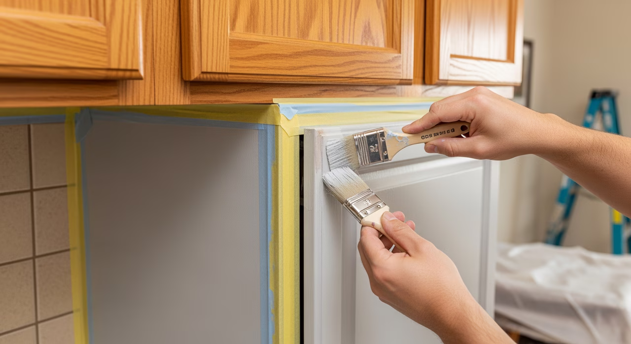 Pre-sale renovation painter applying designer-neutral paint to 1980s kitchen cabinet faces in Mississauga listing prep